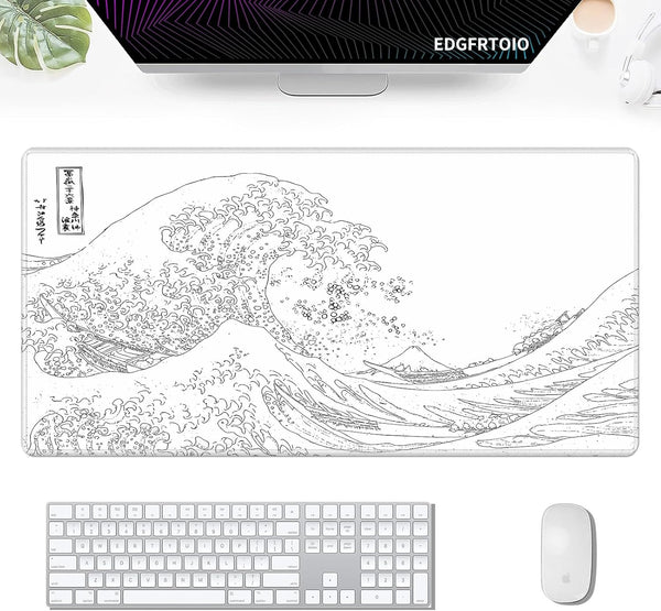 Black and White Large Mouse Pad, Japanese Sea Wave White Desk Pad for Keyboard and Mouse, Non-Slip Rubber Edge
