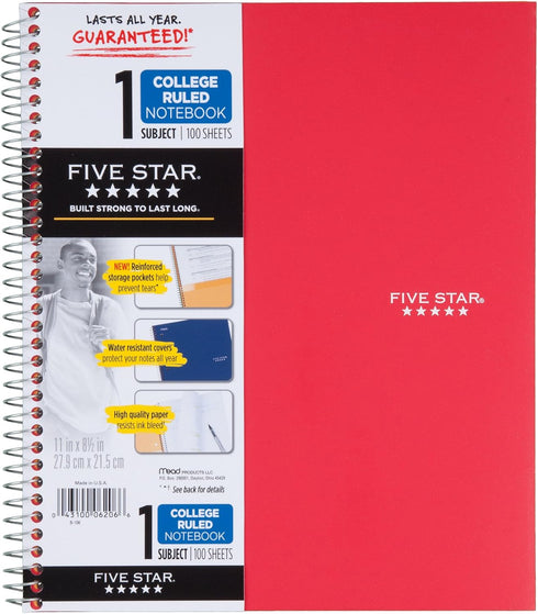 Five Star Spiral Notebook, 1 Subject, College Ruled, 11" x 8-1/2", Assorted Designs, 6 Pack