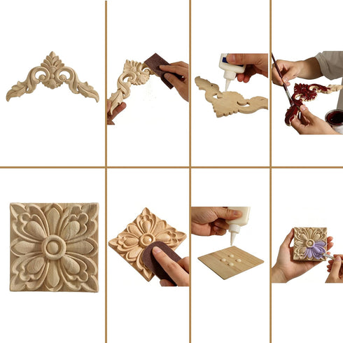 Nsrisml 5Pcs (12x12cm/4.72"x4.72") Wood Carved AppliquesOnlays Unpainted Wooden Corner Carving Decals for Mirrors