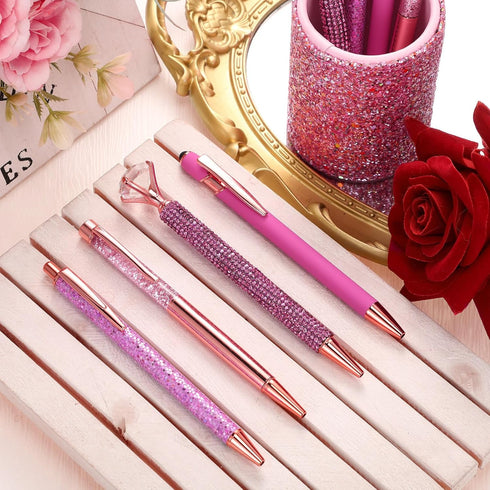 Sabary 8 Pcs Ballpoint Pens with Pen Holder, Metal Crystal Diamond Glitter Pencil Organizer for Women, Pink