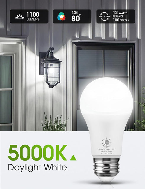 LOHAS Dusk to Dawn Sensor Light Bulbs Outdoor, A19 12W(100 Watt Equivalent) LED Bright Porch Lighting, Daylight White 5000K, 1100LM, Auto-On/Off, E26 Base for Outside, Garage, Patio, Yard, 2 Pack by L LOHAS LED