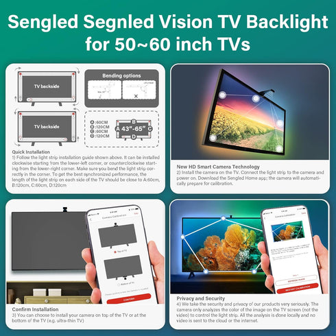 Sengled 50-60 inch G2 Ambient TV LED Backlights with Camera, Smart Strip Light for TVs PC, (TV Sync Supports Off-line)