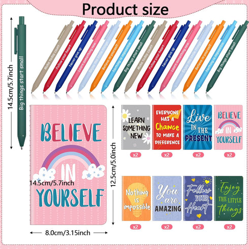 Funrous 32 Pcs Motivational Quote Pens Inspirational Notepads Mini Motivational Journal with Ballpoint Pen Small Notebooks Gift Set for Student Men Women, School Office Home Travel Gift (Vibrant) by Funrous