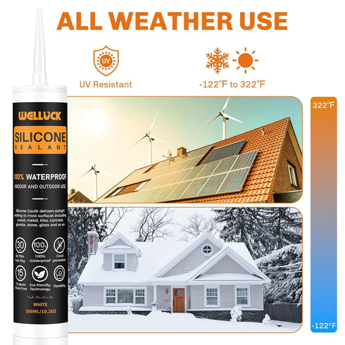 WELLUCK 100% Waterproof Silicone Caulk Sealant, Flexible Adhesive for Kitchen, Bathroom, Window, Door, Glass, Bathtub,
