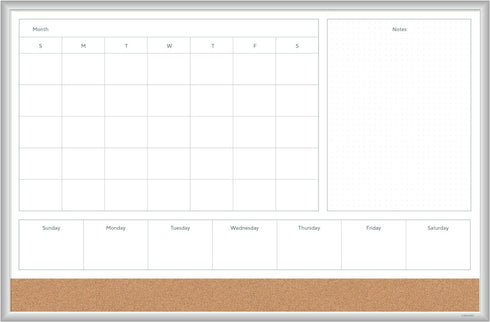 U Brands 36"x24" Magnetic Dry Erase Calendar Board with Silver Aluminum Frame, 4-in-1 Design