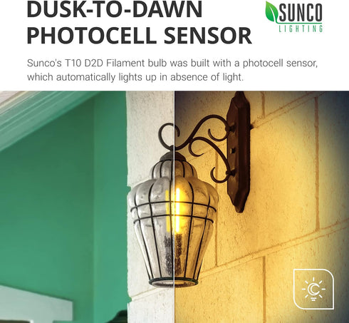 Sunco Lighting 6 Pack 5W=40W Dusk to Dawn Outdoor T10 Light Tubular LED Bulbs, CRI90 2700K Soft White E26 Base, 450 Lumens, Vintage Filament, Dimmable, Waterproof, Outdoor Decorative UL by Sunco Lighting