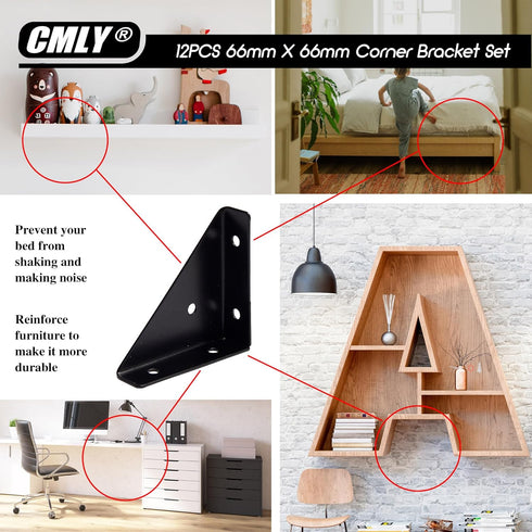 CMLY 12Pcs 66 66mm Corner Brace Brackets, x Black Corner Braces for Wood, Universal Furniture Corner Connector