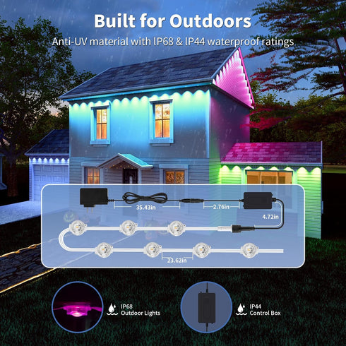 100FT/50LEDs IP68 Permanent Outdoor Lights RGB Decor Waterproof Music Sync Eaves Lights with Remote&APP Control