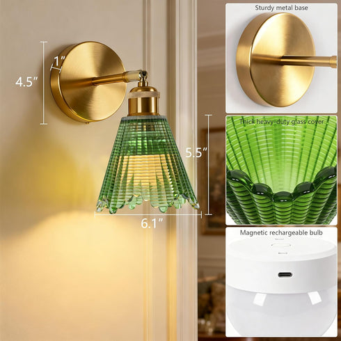 Set 1 Vintage Battery Operated Wall Sconce with Green Crystal Grid Glass Lampshade Rechargeable Battery Powered Wall