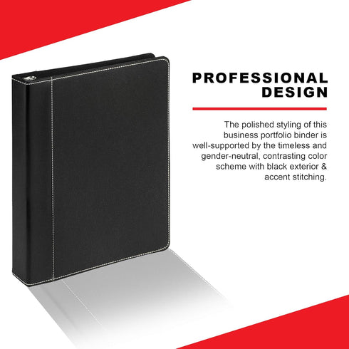 Twain Black Contrast Stitched Vegan Leather Binder with Round 1 Inch Capacity Nickel Metal Ring, Portfolio Organizer, Classic Collection Executive Presentation by Ring Binder Depot