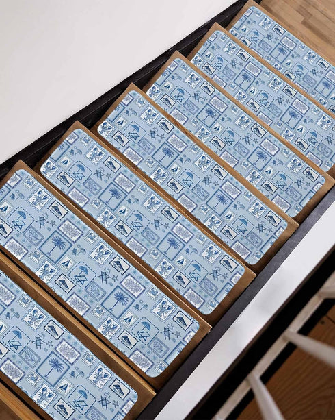 BOHOOSKYLAR Summer 4 8"x30" Coastal Vacation Stair Treads Blue White Coconut Trees Lobster Plaid Indoor Non Slip Peel