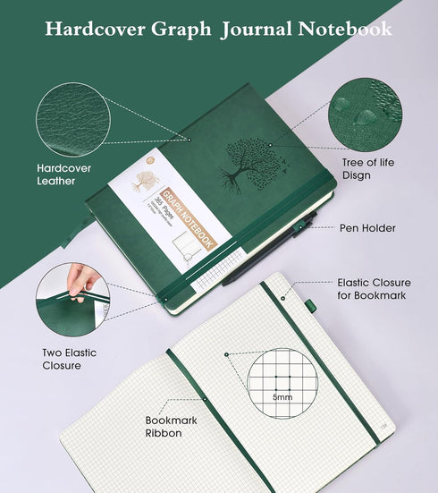 Graph Paper Journal, 360 Numbered Pages, Thick 100gsm Graphing Paper, B5 Large Hardcover for Writing (Green)