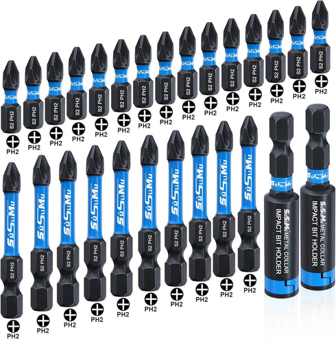 27PCS Phillips Bits #2 Impact, 1" and 2" Long, Magnetic Drill Bits, 1/4 Inch Hex Shank, S2 Alloy Steel