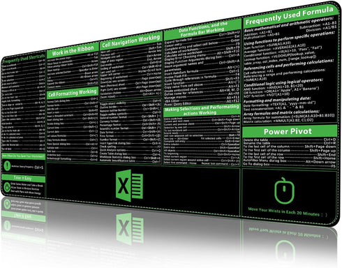 Excel Shortcuts Mousepad, Upgraded Pro Version, XXL Giant Desk Mat, Stitched Edges, Non-Slip Base, 35.4”x15.7”