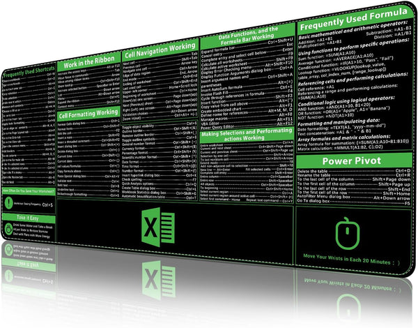 Excel Shortcuts Mousepad, Upgraded Pro Version, XXL Giant Desk Mat, Stitched Edges, Non-Slip Base, 35.4”x15.7”
