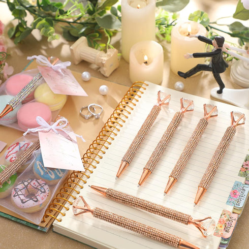 Yeaqee 91 Pcs Bridal Shower Diamond Pen Set, 31 Wedding Crystal Pens, 30 Organza Bags, 30 Cards, Rose Gold
