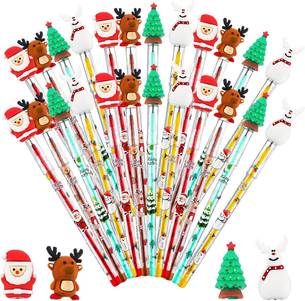 Qilery 24 Pcs Christmas Pencils, Assorted Multi Point Stackable Push Pencil, Xmas Party Favors