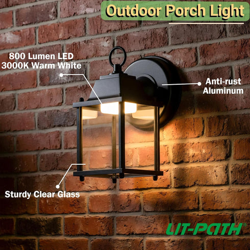 3000K 9.5W 800 1-Pack LIT-PaTH Outdoor LED Wall Lantern, Wall Sconce as Porch Lighting Fixture, Warm White, Lumen