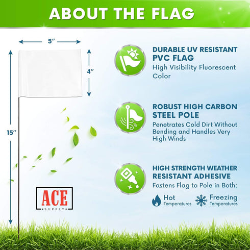 Marking Flags - 4 x 5-Inch Flag on 15-Inch Steel Wire - White, 100 Pack - Marker Flags for Irrigation, Sprinkler Flags, Lawn Flags, Yard Flags, Garden Flags, Dog Training, Invisible Fence