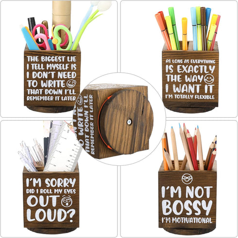 Wooden Spinning Pen Holder for Desk I'll Remember It Later Pencil Holder Cute Organizer Funny Desk Decor Pencil Case Art Supply Storage Box for Home Office (Brown) by Outus