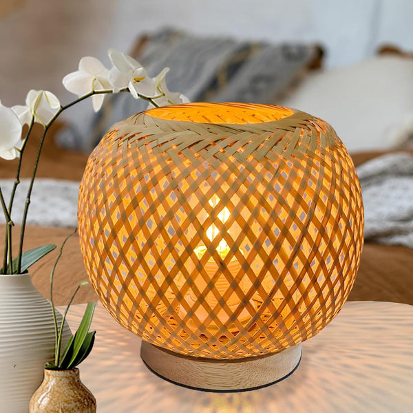 Small Rattan Lamp, Boho Table Lamp, Vintage Wicker Nightstand Lamps with Wood