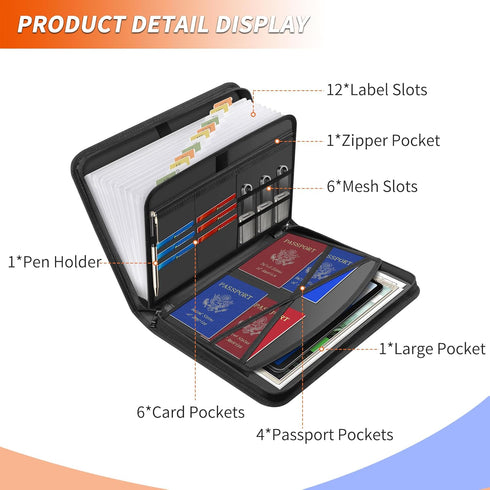 Hontom Accordion File Organizer, 13 Pockets Fireproof Expanding Folder, Portable Business Document Organizer with Zipper