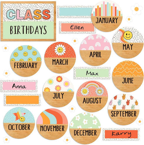 Back to School Birthday Bulletin Board Set, Groovy Class Stickers for School Classroom Calendar Decor, 53Pcs