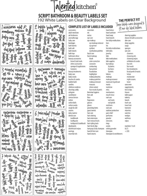 Talented Kitchen Bathroom Organization Labels, 192-Pack White Script Various Sizes, Clear Vinyl Water-Resistant