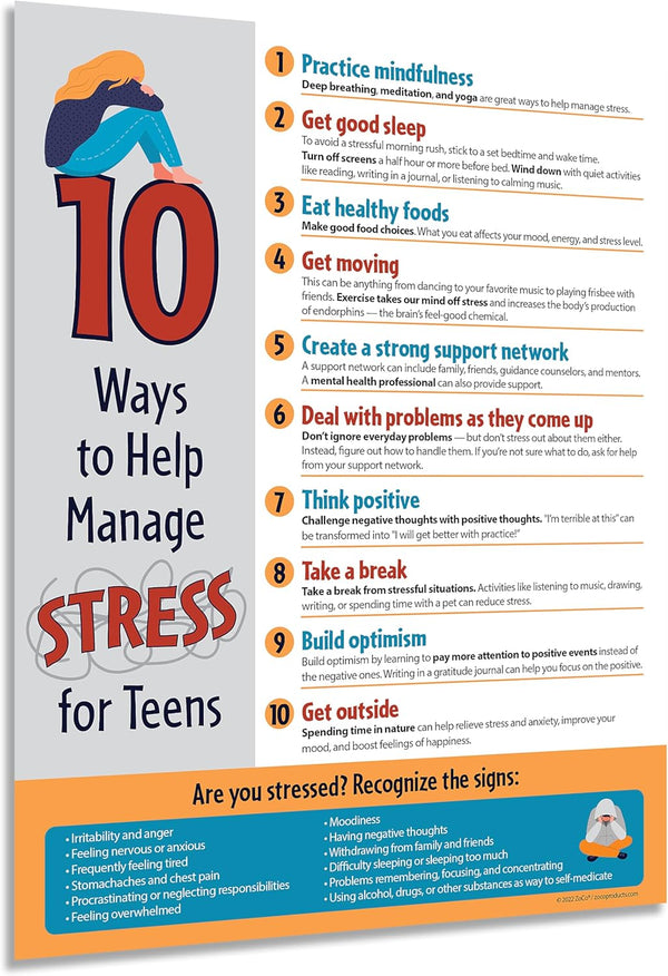 ZOCO 10 Ways to Manage Stress for Teens Poster, Mental Health Awareness Items, School Counselor Decor, Laminated 17 x 22