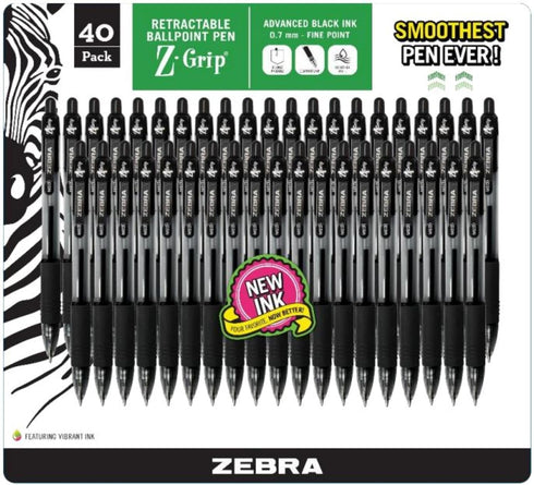 Zebra Black Pens, 40 Pack Z Grip Ballpoint Pen, .7 mm Fine Point, Retractable