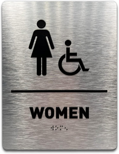 Women/Wheelchair Restroom Sign by GDS - ADA Compliant, Wheelchair Accessible, Raised Icons, Grade 2 Braille, Bathroom