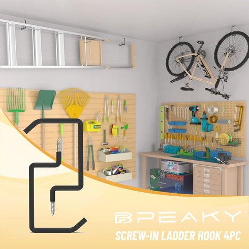 4PC, Screw in Ladder Hook, Black Heavy Duty Tool Holders Bike Hooks, Wall Mount Garage Storage Hanger, Shelf Organizer