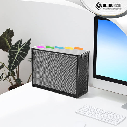 Hanging File Organizer, Letter-Size File Holder Filing Box with 5 Hanging Folders, Metal Mesh Desk File Folder Storage