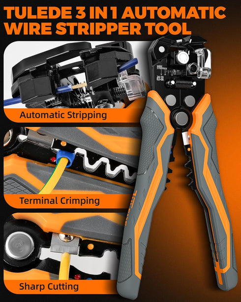 3-In-1 Self Adjusting Wire Stripper, Stripper/Cutter/Crimping Automatic Wire Stripper, 8 Inch Wire Stripper Tool for 10-24 AWG, Comes with Replaceable Stainless Steel Blades & Springs by TULEDE