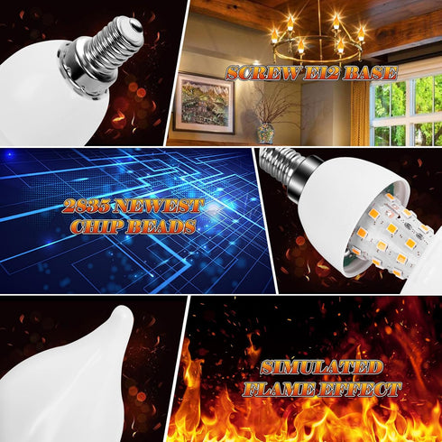 Kakolvan E12 Bulbs 3 Bulbs (2 Pack) LED Flickering Candelabra Flame Effect Light - Modes Flicker Chandelier Candle Fire