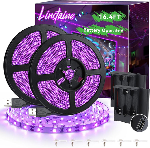 16.4FT Black Light Strip with USB Plug + Battery Box, Adhesive 300LEDs