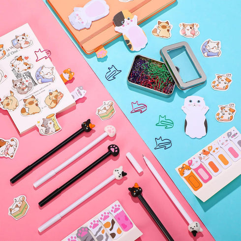 Outus Cat Office Supplies Set, Cat Sticky Notes, Paper Clips, Gel Ink Pens, Cartoon Cat Stickers for Cat Lovers