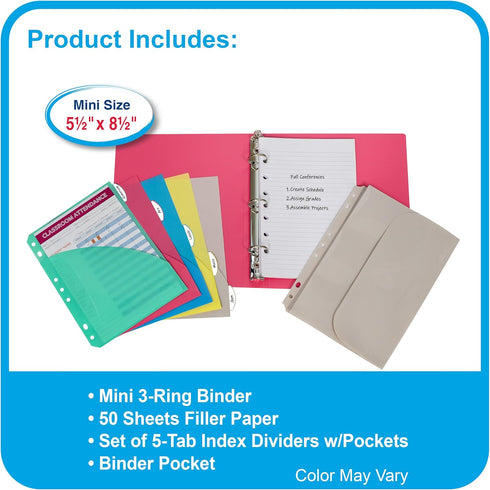 C-Line Mini Binder Starter Kit, Includes Binder, Index Dividers, Filler Paper, Colors May Vary