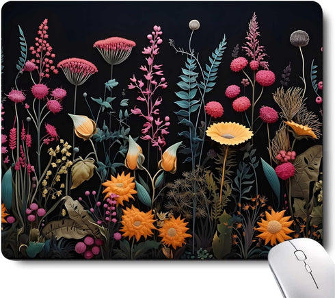 Black Pink Beauty Flowers Mouse Pad, Unique Design Computer Mousepad with Non-Slip Rubber Base for Women