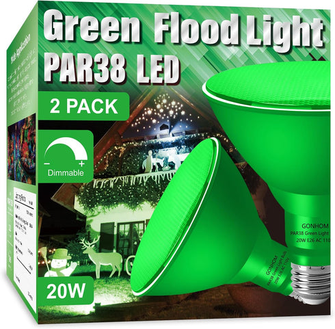 2 Pack PAR38 Green Flood Lights Outdoor, Dimmable 20W (Equivalent to 200W), E26 Base Green LED Light