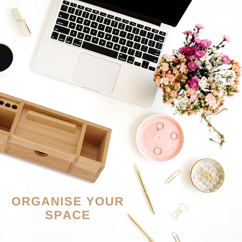 Bamboo Desk Organizer - Durable Wood with Drawers, Storage Compartments, Pen Holder, Phone Holder for Office