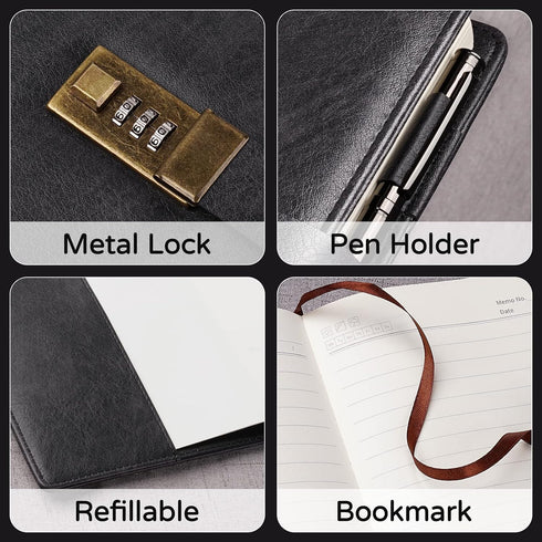 A5 240 8.6x5.8in WEMATE Diary with Lock, PU Leather Journal with Lock Pages, Vintage Locks Journal Password Notebook