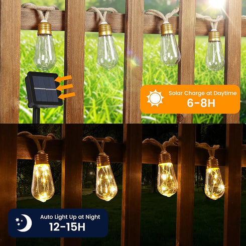 24FT 20 Bulbs, 8 Solar String Lights, Solar Outdoor String Lights, Solar Powered Patio Lights with Shatterproof