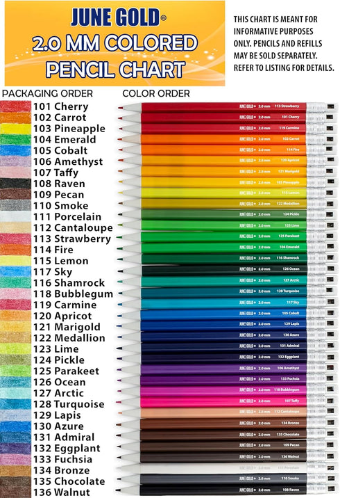 June Gold 36 Black (Raven #108) Colored 2.0 mm Lead Refills - Bold Thickness for Heavy Use, Break Resistant with