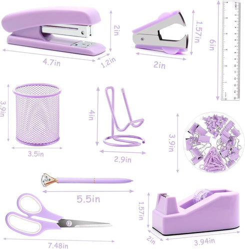 Purple Office Supplies, Purple Desk Accessories, Stapler, Staple Remover, Tape Holder, Pen Holder, Ballpoint Pen, Scissor, Binder Clips, 1000 Staples, Phone Holder, Ruler, Transparent Glue and Notes by Famassi