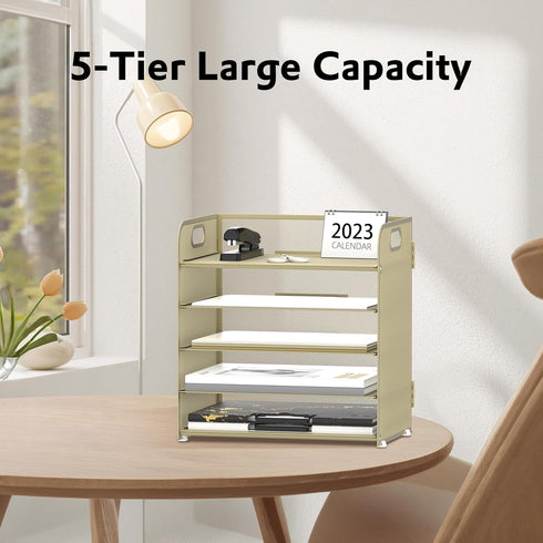Supeasy 5 Trays Paper Organizer, Mesh Desk File Organizer with Handle for Office, Home, or School (Gold Yellow)