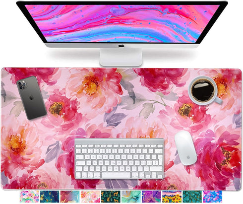 KOKO French Desk Mat, XL Pink Floral Large Mouse Pad for Keyboard, Cute Desk Accessories for Home Office