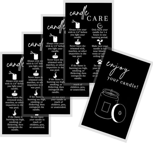 Handmade Candle Care Instruction Card - 50 Pack for Candle Makers, Black with White, 3.5 x 2 inches