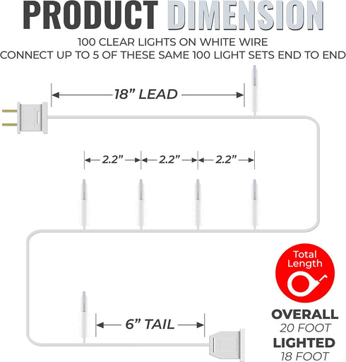 612 100 18 20 (Pack 2) Vermont Clear Christmas Lights on White Wire, UL Approved for Indoor/Outdoor Use, Foot