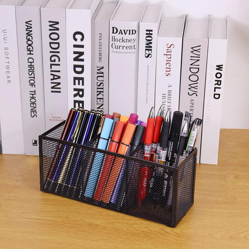 Black Mesh Pen Pencil Holder, Small Metal Desk Organizer for Office Supplies, 3 Compartments for Home School